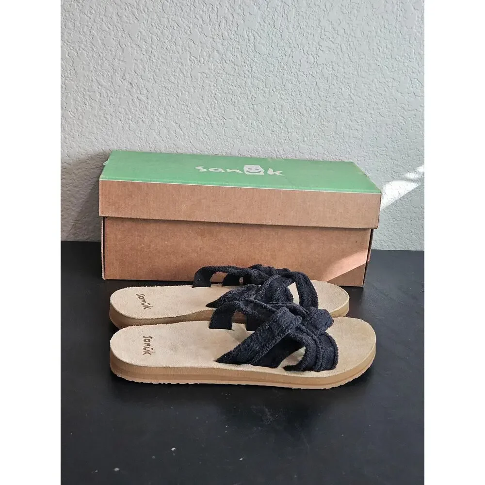 Sanuk Women's Size 6 Sandals Black Tan Fraidy Slide New - Picture 3 of 4
